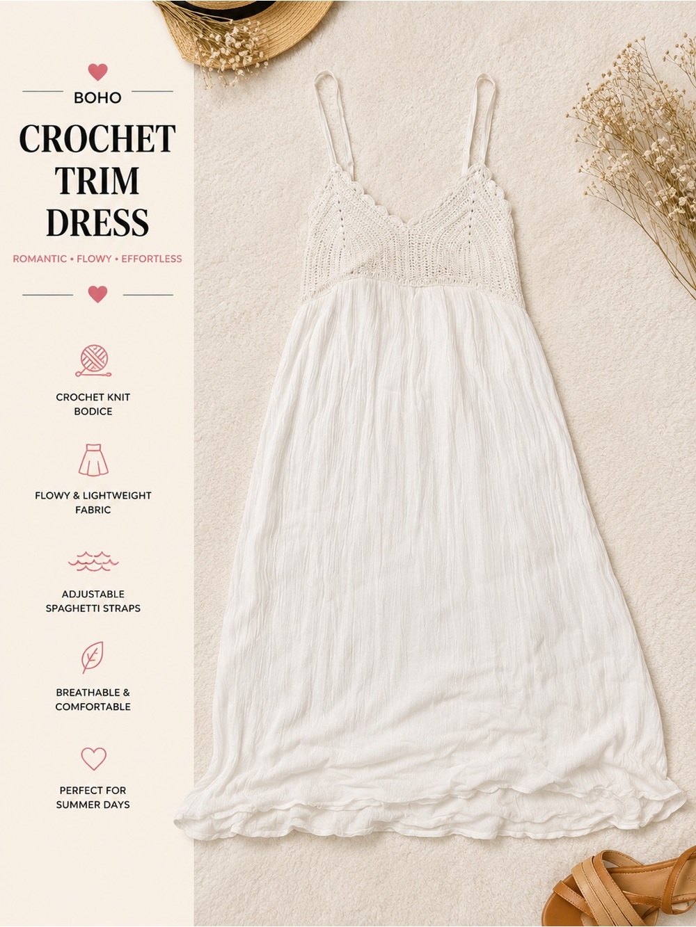 Streetwear Society Boho Crochet Trim Midi Dress | Size L | Lightweight